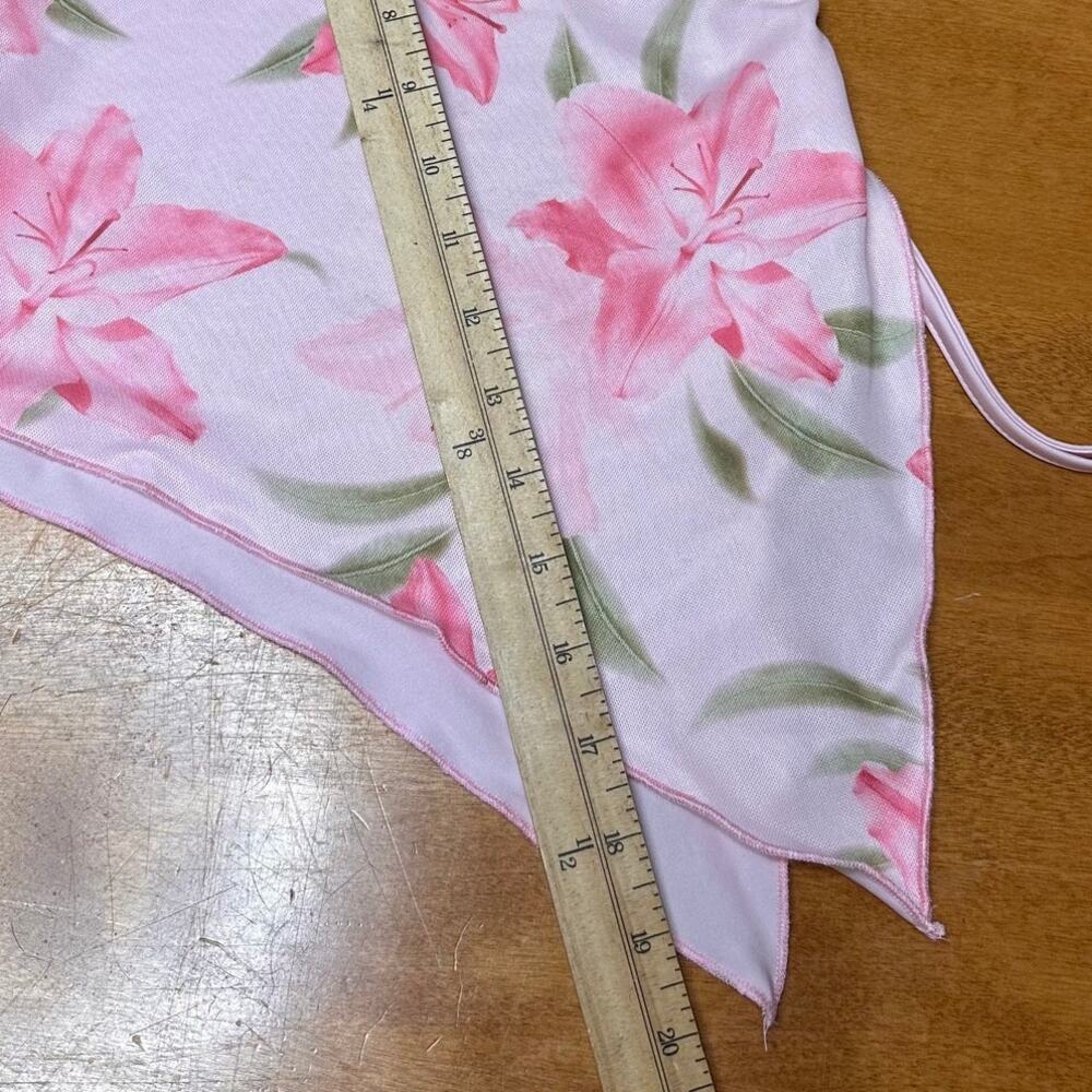 Pink Floral Mesh Tube‎ Top Womens Small Ruched Handkerchief Hem Strapless Y2K - Picture 8 of 8